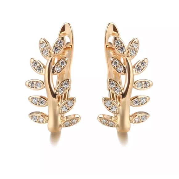Rose Gold Plated Leaf Zircon Clip Earrings - Picture 1 of 7